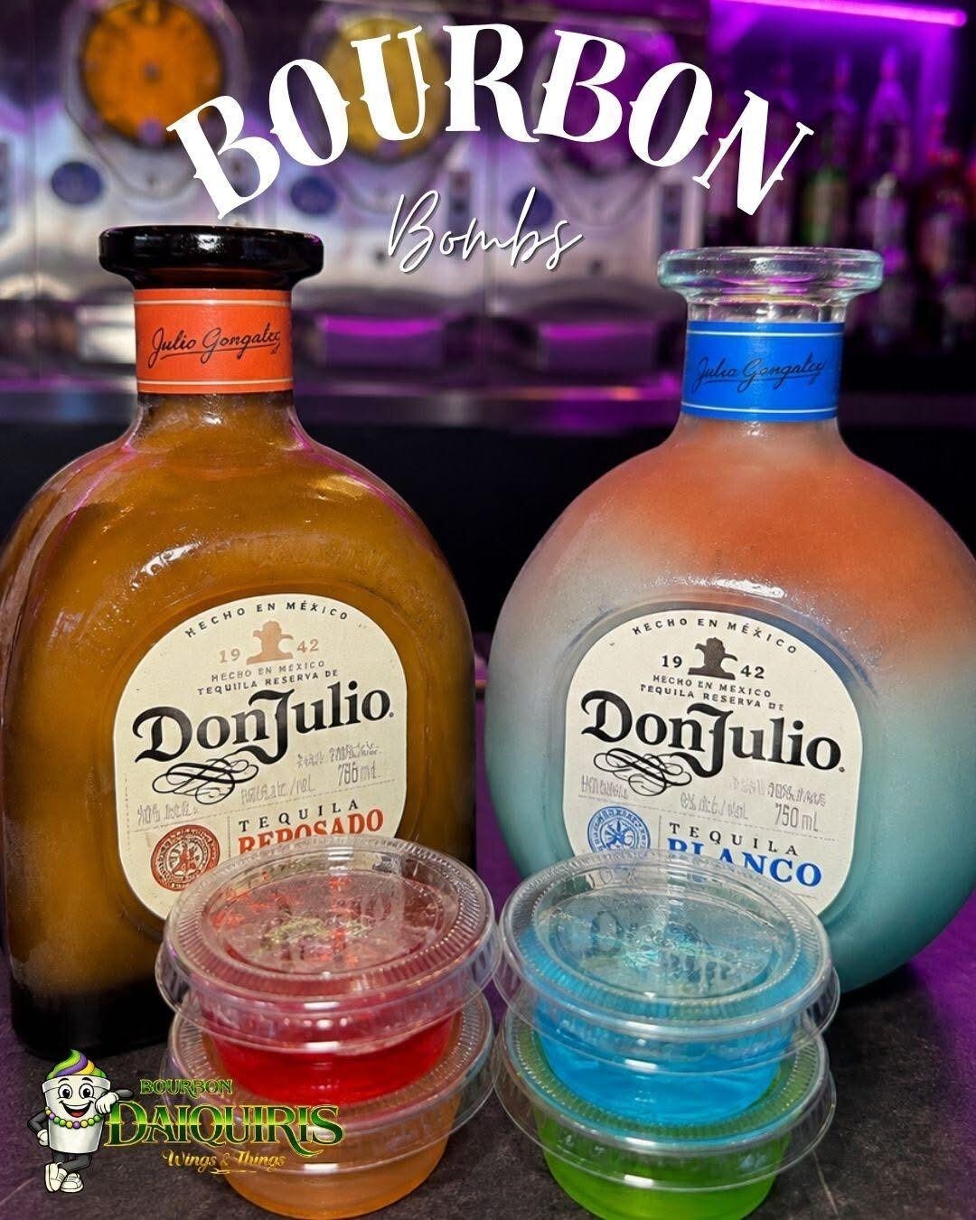 Bourbon Bombs: frosted tequila bottles with red, blue, orange and green jello shots