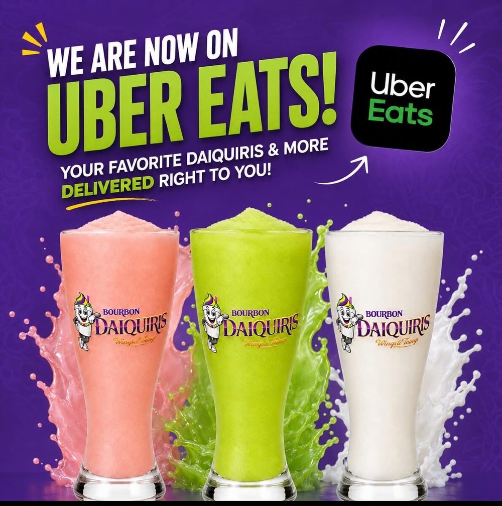 Bourbon Daiquiris is now on Uber Eats, shown with three frozen daiquiris